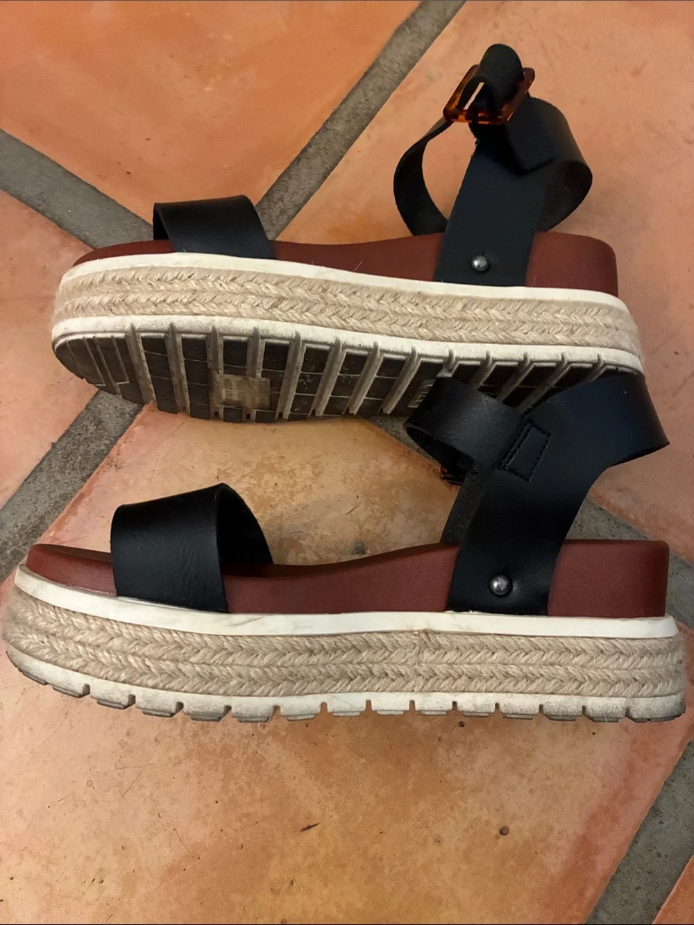MIA Black Strap Platform Sandal with jute wedge, size 5 1/2